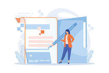 Documents filling. Office worker, corporate employee item. Credit card, folder, contract. Employment agreement signing. Company brand logo. flat vector illustration