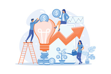 Tiny business people investing into innovation with high potential. Venture capital, venture investment, venture financing and business angel concept. flat vector modern illustration