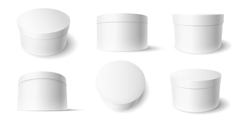 Set of realistic white round package box for products, isolated on white background,  illustration. EPS 10