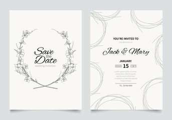 Wedding invitation card template design. Hand drawn flowers with white and black berry and leaf. Vector elegant rustic template