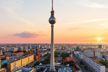 Aerial view on Berlin at sunset, downtown panorama with the skyscrappers and the bridges, Germany