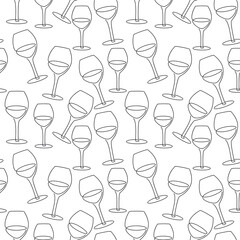 Monochrome vector wine glass icon seamless pattern. One line continuous hand drawn illustration with handwritten lettering. Wallpaper, graphic background, fabric, print, wrapping paper.