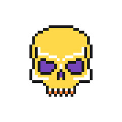 Obraz premium Scull icon in pixel art design isolated on white background, Halloween skeleton head vector sign symbol.