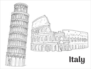 Rome, Italy Colosseum. Pisa Tower Hand drawing sketch vector illustration