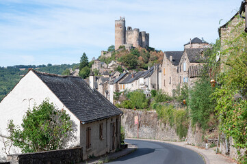 Vue sur les ruines de la forteresse royale de Najac depuis le village, plus beau village de France, Aveyron, Occitanie, France - 528484418