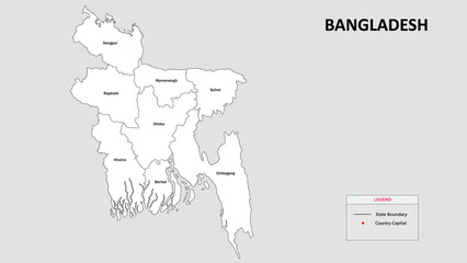 Fototapeta na wymiar Bangladesh Map. State and district map of Bangladesh. Administrative map of Bangladesh with district and capital in white color.