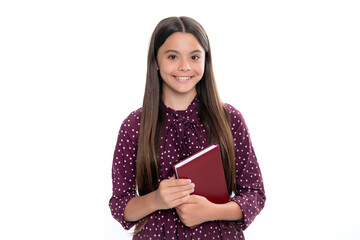 Back to school. Teenager schoolgirl with book ready to learn. School girl children on isolated white studio background. Portrait of happy smiling teenage child girl.