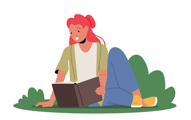 Young Woman Student Reading Book Prepare to Exam or Make Homework. Girl Character Reading Sitting on Green Lawn