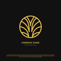 Luxury palm leaf logo design. Golden outline palm leaf emblem