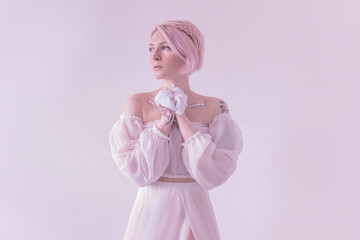 Princess in white dress with pink hair
