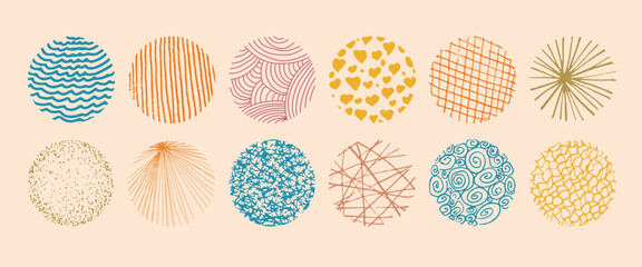 Set of round abstract colored hand drawn doodle shapes. Spots, drops, curves, lines. Backgrounds in the form of a circle of spots, lines, splashes, stripes and dots.