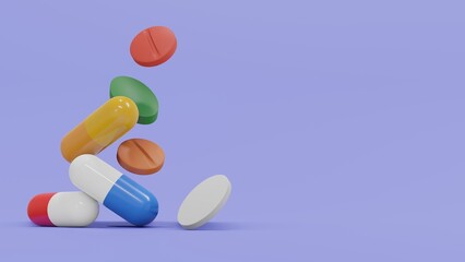 Medical technology sciences. Medical balancing act. A group of medicine pills and antibiotics balancing on top of each other. 3D render illustration.