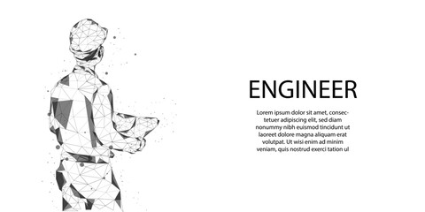 An architect or engineer in a hard hat holding a blueprint looking at work. Abstract 3D vector illustration. Construction business or industrial concept.