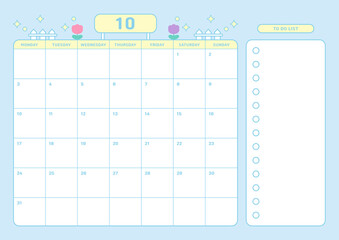 October 2022 calendar template design illustration in colorful and cute style. Notes, scheduler, diary, calendar, memo, planner document template background. 