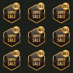 golden sale label badge set with different percent discount offer
