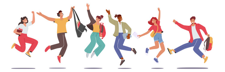 Fototapeta na wymiar Set of Happy Students Characters Jumping with Backpacks and Textbooks. Schoolboys or Schoolgirls Laughing, Waving Hands