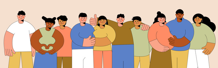 A group of colorful abstract people. Friends, girls and guys pose together. Embracing couples in love. Doodle characters of diverse young men, women. The concept of friendship, cooperation, teamwork