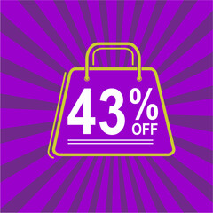 43% off. Purple, white and yellow banner with forty three percent discount. Shopping bag concept
