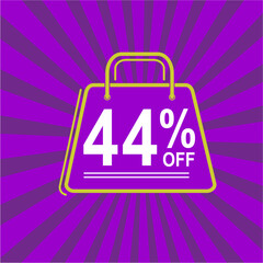 44% off. Purple, white and yellow banner with forty four percent discount. Shopping bag concept