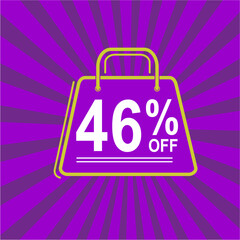 46% off. Purple, white and yellow banner with forty six percent discount. Shopping bag concept