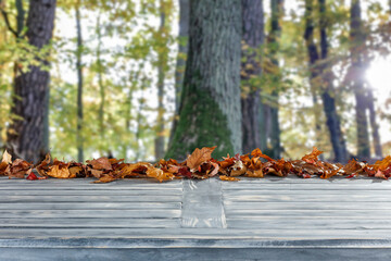 Autumn leaves on a wooden table on a beautiful sunny day