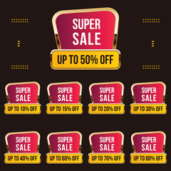 golden sale label badge set with different percent discount offer