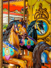 Fototapeta na wymiar red and black horse - carousel in the park