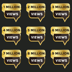 youtube million views celebration badge, golden 1 million views to 9 million views label set