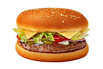 Fresh burger with beef patty isolated on white background
