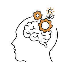 Creative idea generation concept. Human head, brain, gears with electric lamp plant. Flat style illustration. Isolated.