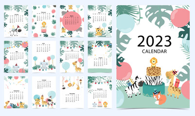 Fototapeta na wymiar Cute calendar 2023 with safari for children.Can be used for printable graphic