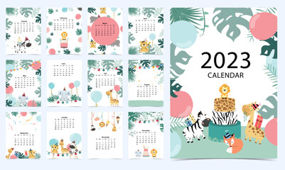 Cute calendar 2023 with safari for children.Can be used for printable graphic