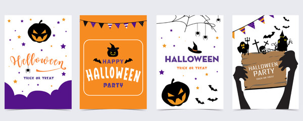 Fototapeta premium Party halloween postcard with web, spider, bat,pumpkin,house, skeleton