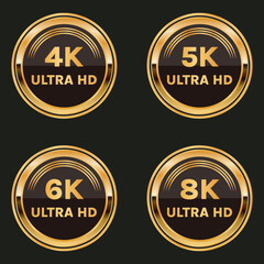 Fototapeta na wymiar golden 8K, 6K, 5k, 4k Ultra HD video resolution button set