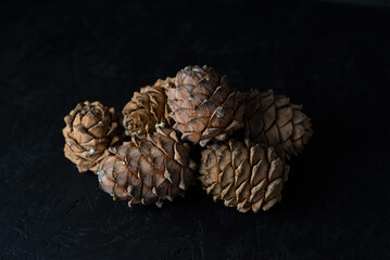 Cedar cones. Black background. Healthy food. Nuts