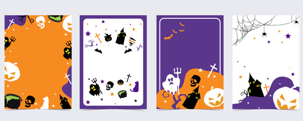 Fototapeta premium Party halloween postcard with web, spider, bat,pumpkin,house, skeleton