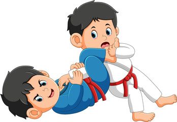 The taekwondo athletes are fighting for the competition