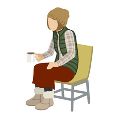 Woman sitting in a chair, holding a coffee mug - autumn outfit, beanie cap