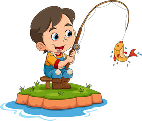 The little boy is fishing in the river and succeed to get small fish with the rod