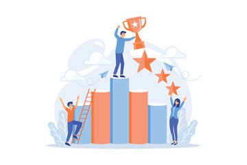 Businessman holds a cup on top of column graph. Key to success and success story, business chance, on the way to success concept on white background.flat vector modern illustration