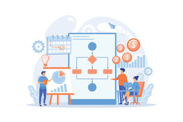 Businessmen work with improvement diagrams and charts. Business process management, business process visualization, IT business analysis concept.flat vector modern illustration