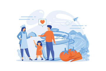 Tiny people family waiting for wife in apron cook tasty food and big pot, vegetables. Home cooking, home foods recipes, family time activity concept.flat vector modern illustration
