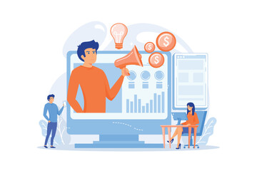 Marketer delivering ads with megaphone and devices. Cross-device marketing, cross-device marketing analysis and strategy concept on white background.flat vector modern illustration