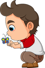 The cute boy is catching a very small butterfly and blowing it up to fly