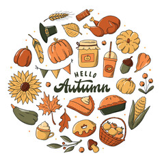 Hello Autumn lettering quote decorated with seasonal doodles, clipart. Good for cards, posters, prints, stickers, banners, invitations, etc. Thanksgiving, harvest theme. EPS 10