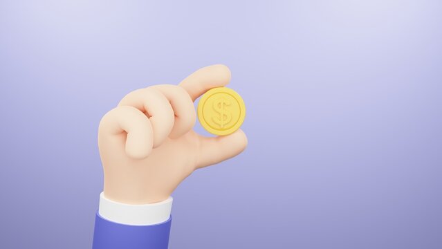 Cartoon hand holding golden dollar coin. Investment, profit, payment concept. 3d render illustration