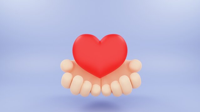 Cartoon human hands holding red heart. Abstract concept of love, hope, charity and healthcare. 3d render illustration