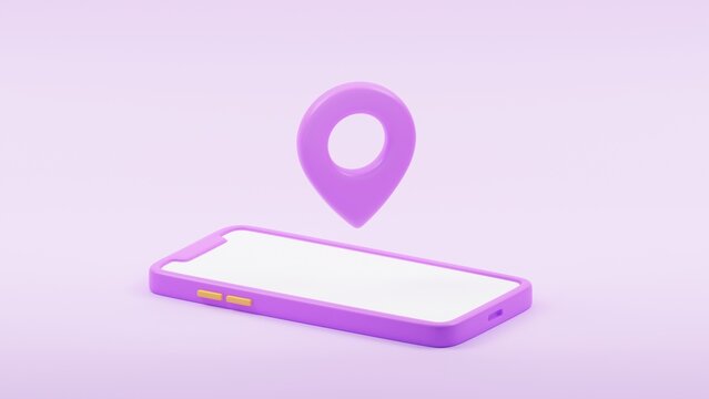 Smartphone with location pin icon on screen. Location online delivery transportation logistics concept. 3D rendering illustration.