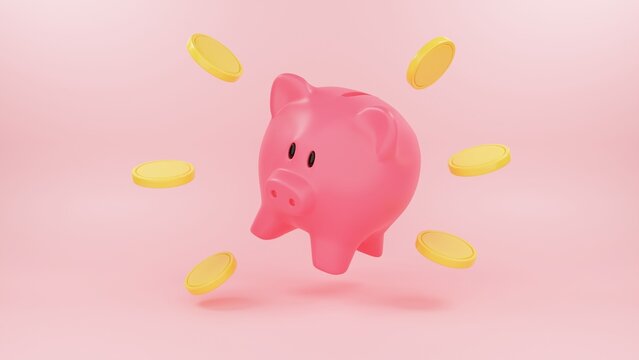 Cartoon Money Piggy bank keeps gold coins. Safe finance investment and financial services. 3d render illustration