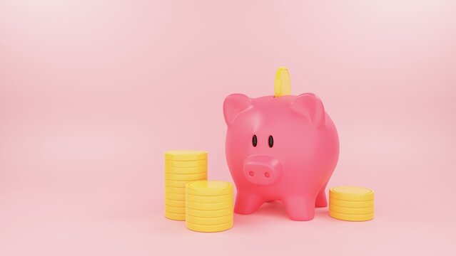 Cartoon Money Piggy bank keeps gold coins. Safe finance investment and financial services. 3d render illustration